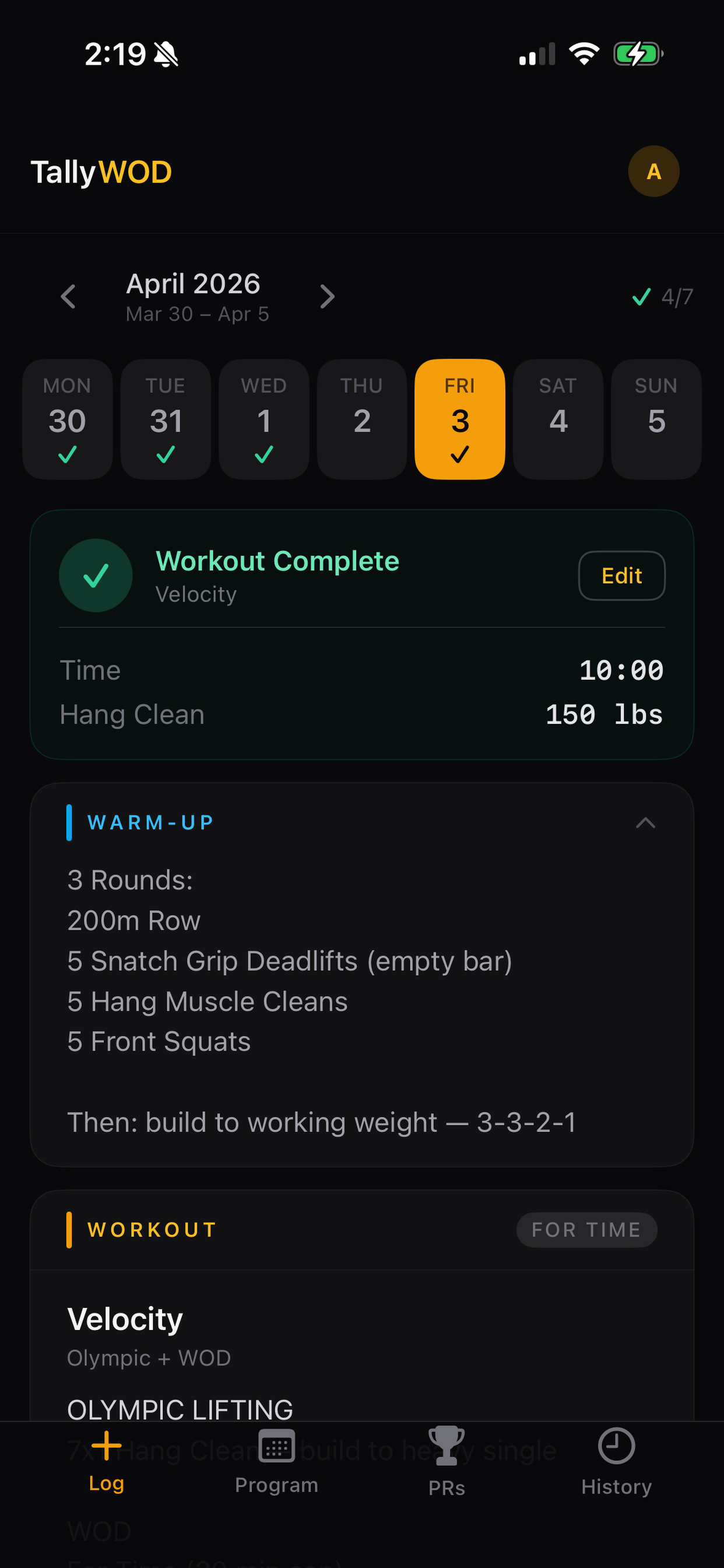 Completed workout with calendar view