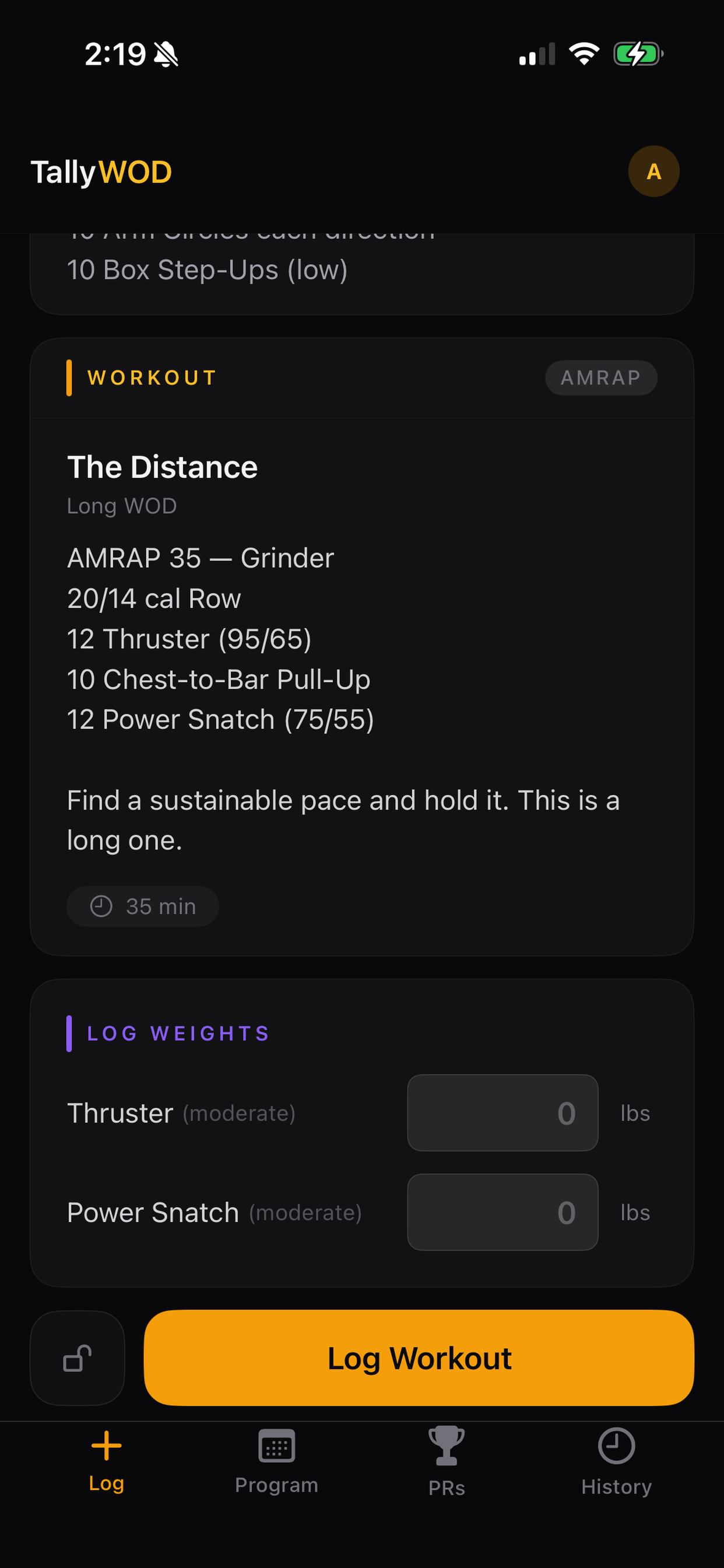 AMRAP workout with weight logging