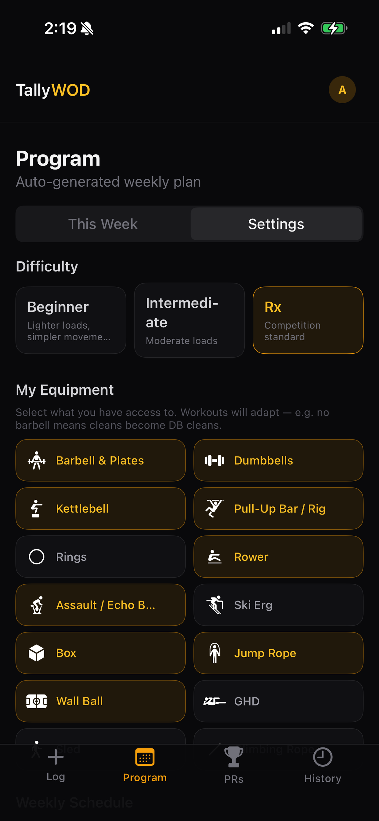 Difficulty and equipment selection settings