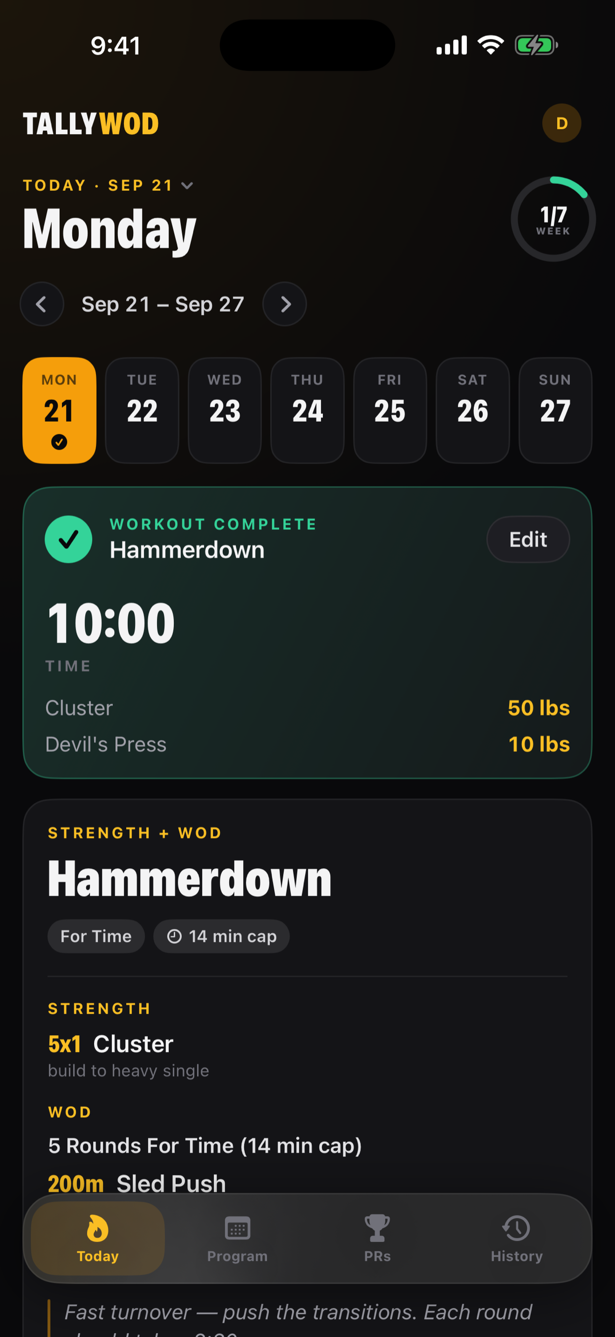 Logged workout with results