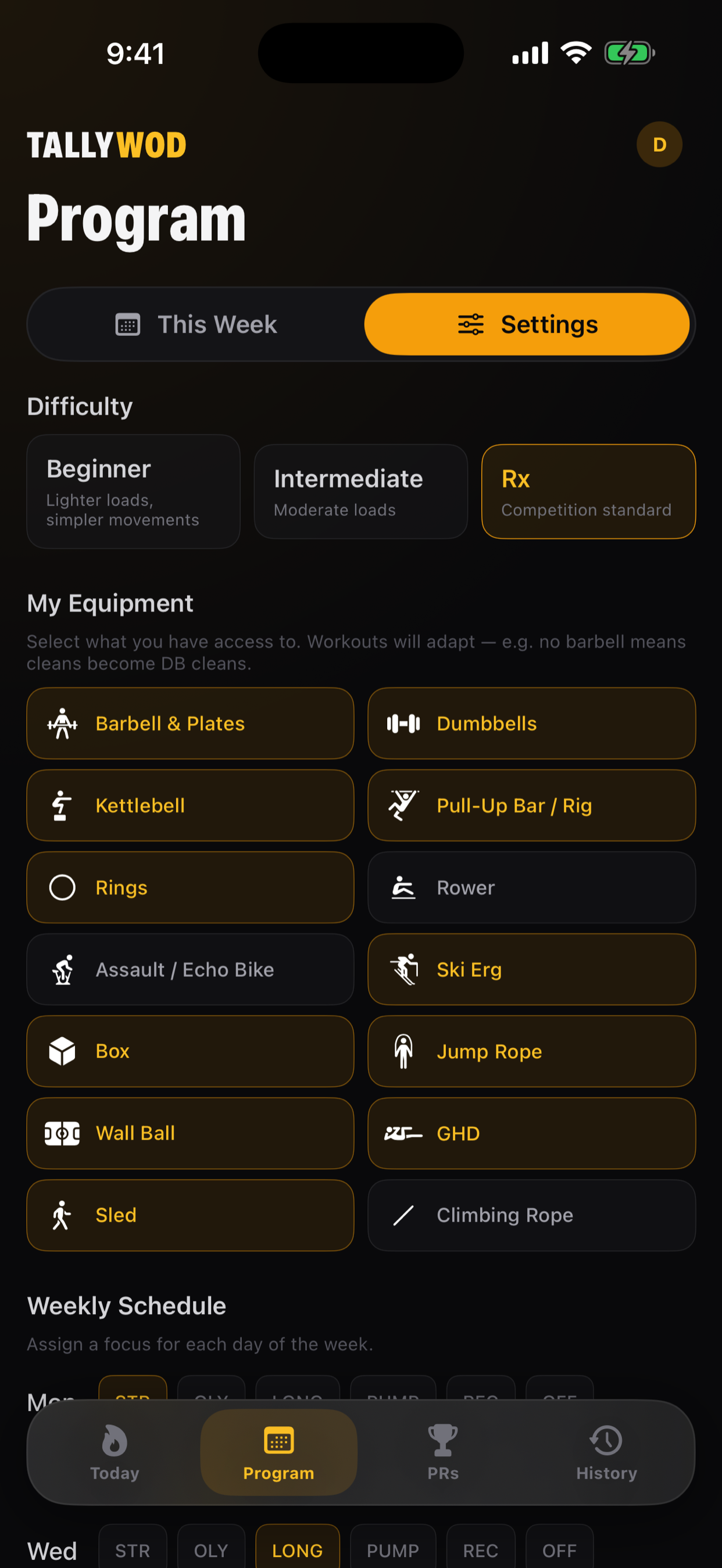 Equipment and difficulty settings