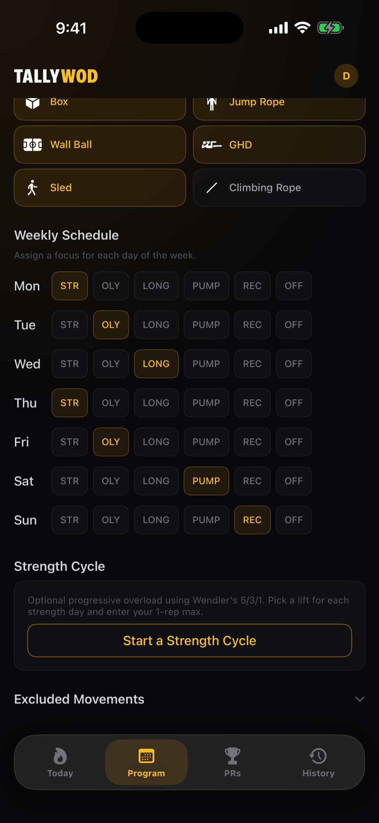 Weekly schedule and strength cycle