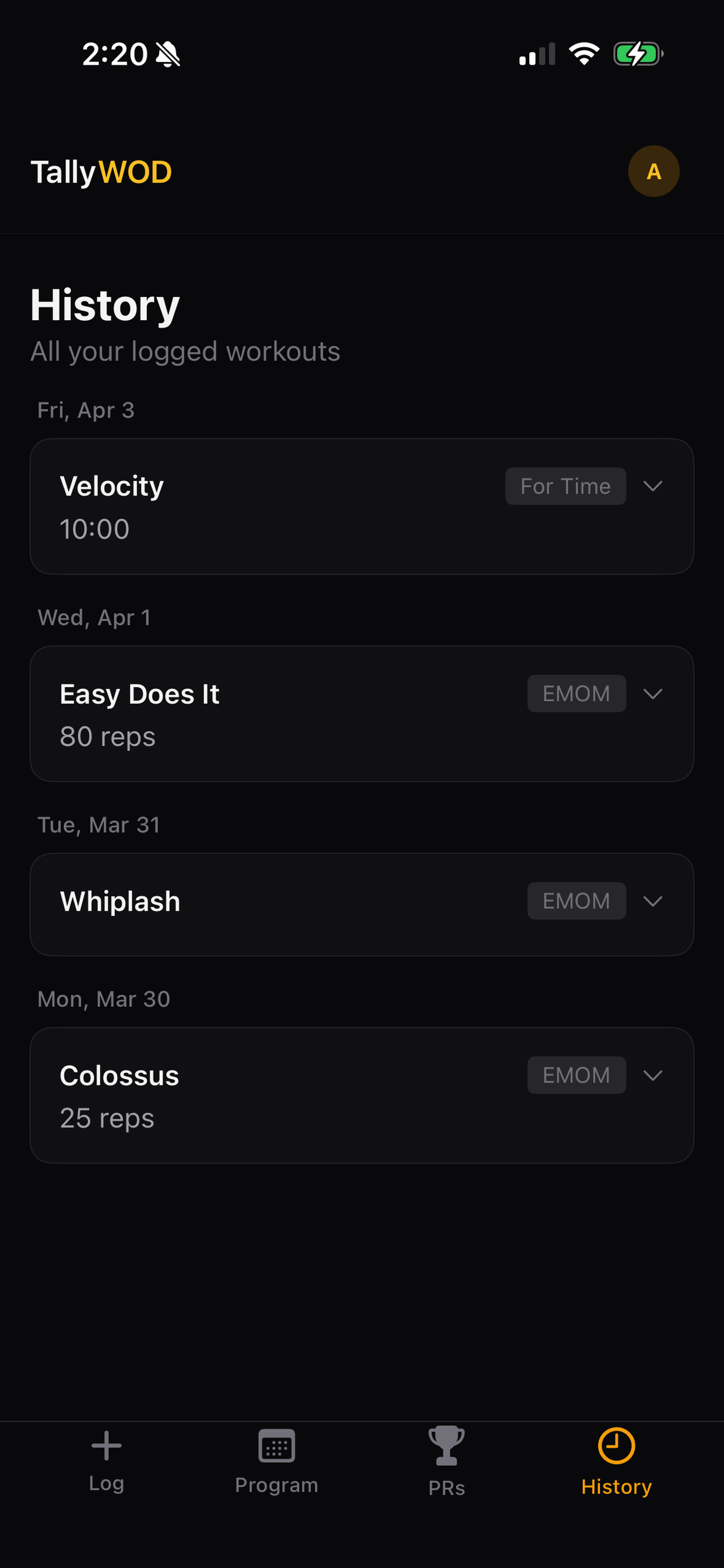Workout history feed with logged results