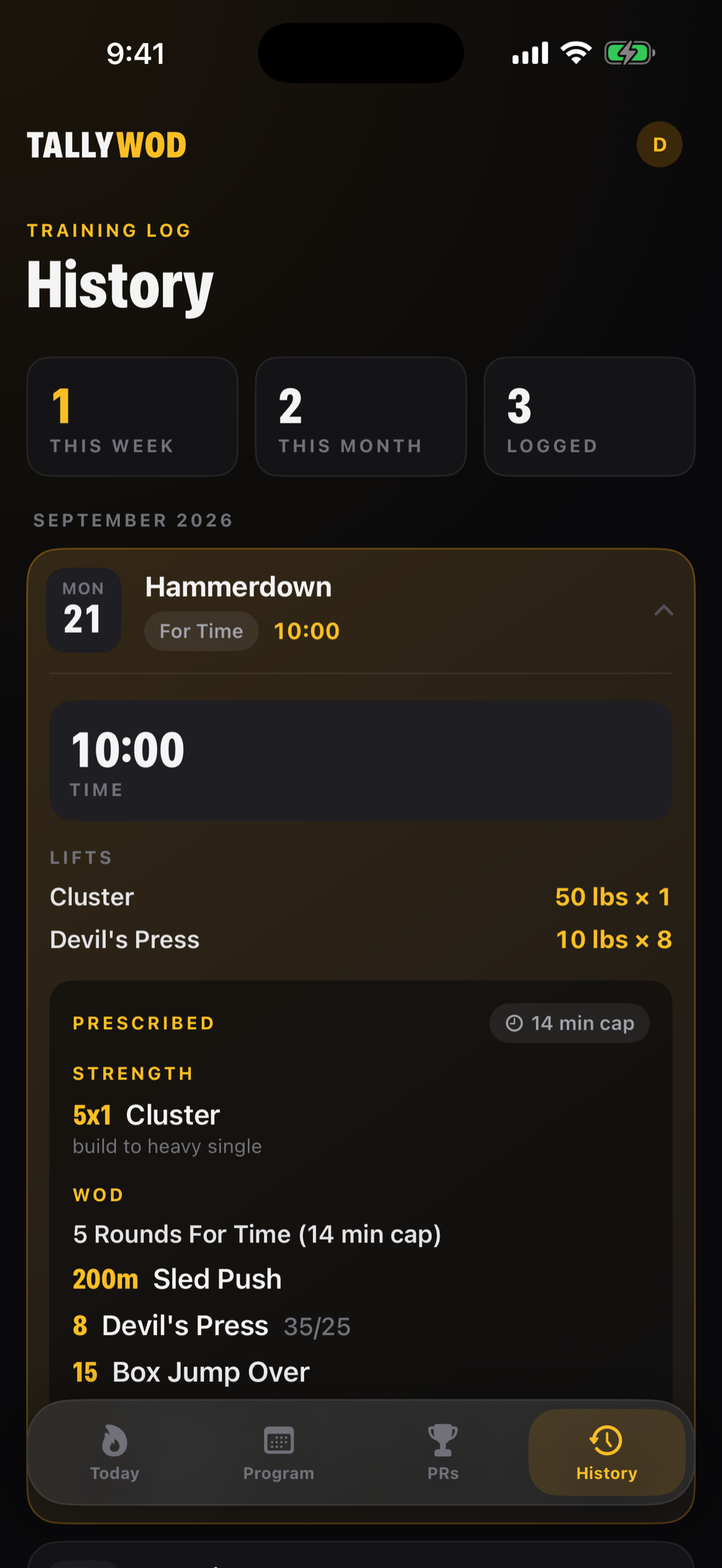 Workout history view