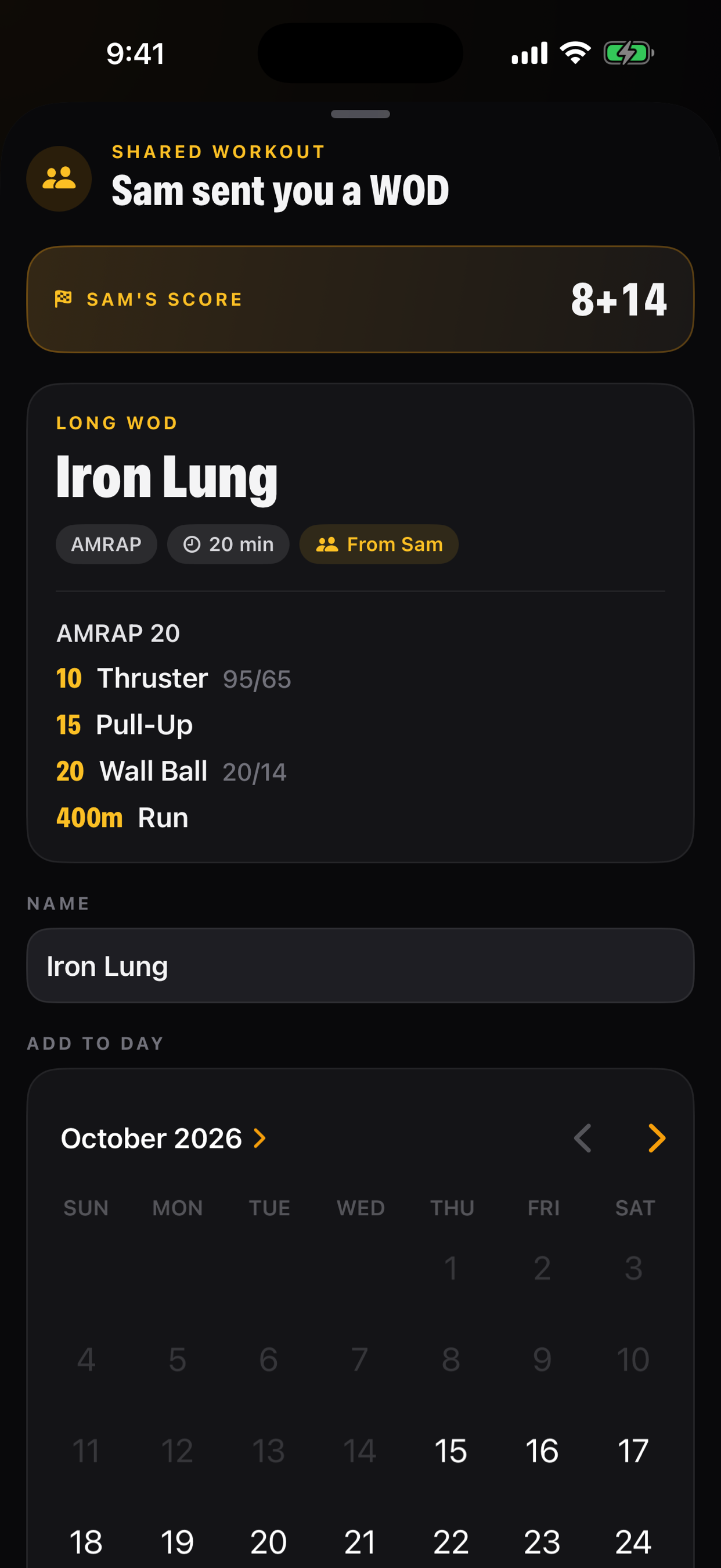 A shared workout ready to add to a day