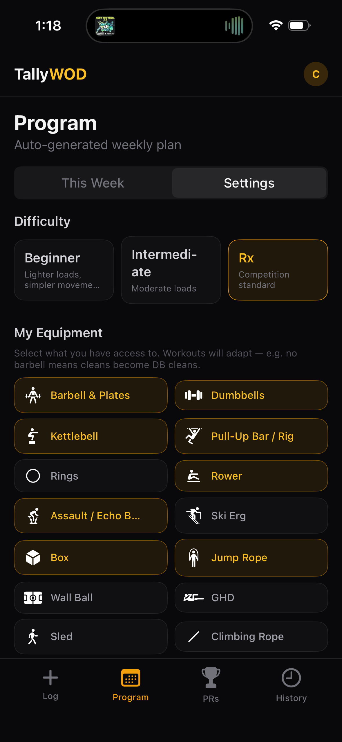 Equipment and difficulty settings
